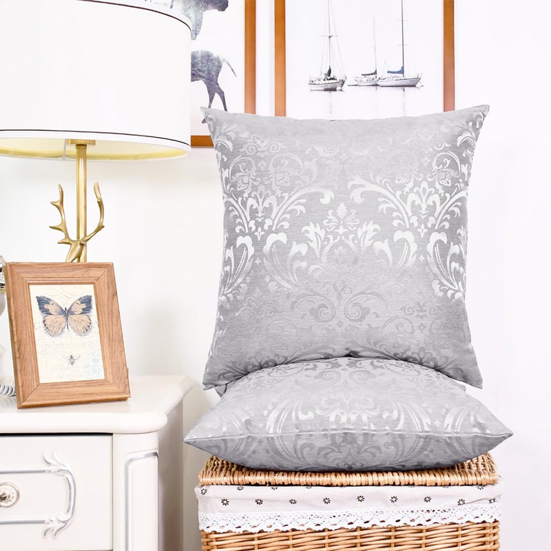 CaliTime Pack of 2 Throw Pillow Covers Cases for Couch Sofa Home Decoration Vintage Damask Floral Shining & Dull Contrast 18 X 18 Inches Silver Gray - Image 2